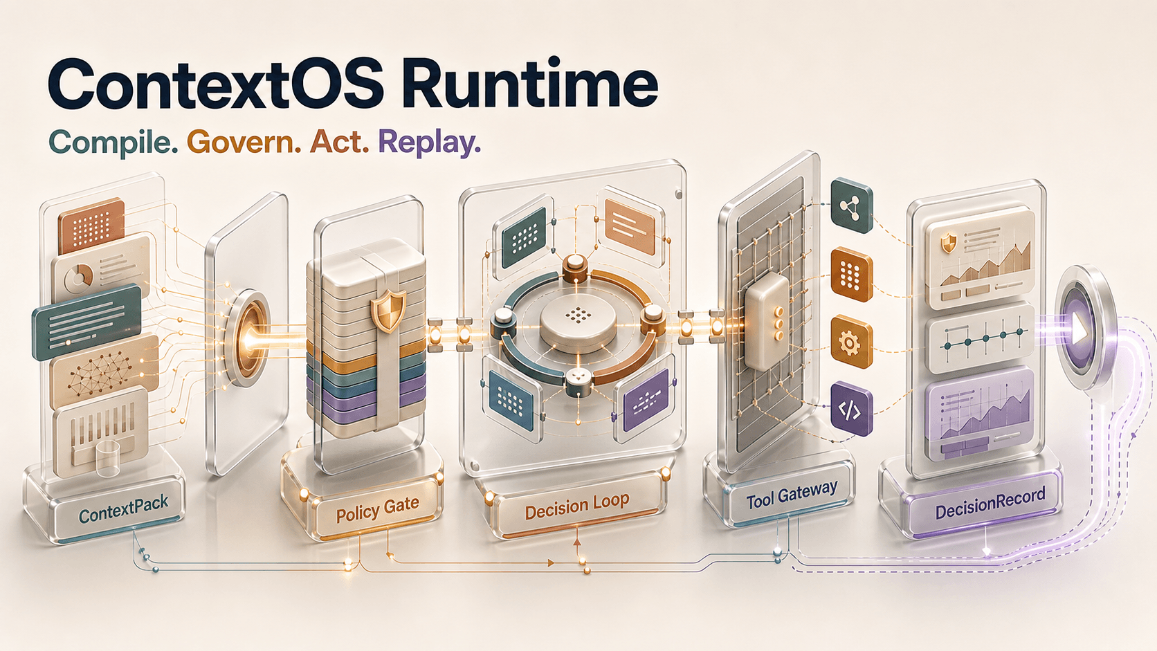 Abstract ContextOS runtime visual showing context compilation, policy gates, tool boundaries, decision records, and replay trace rails.